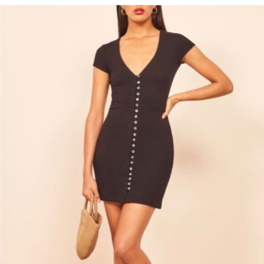 Reformation Black Ribbed Button-Front Mini Dress